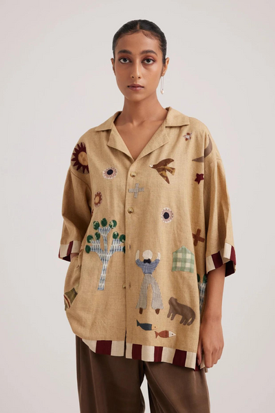 Unisex Oversized Shirt-Folk Applique-Beige