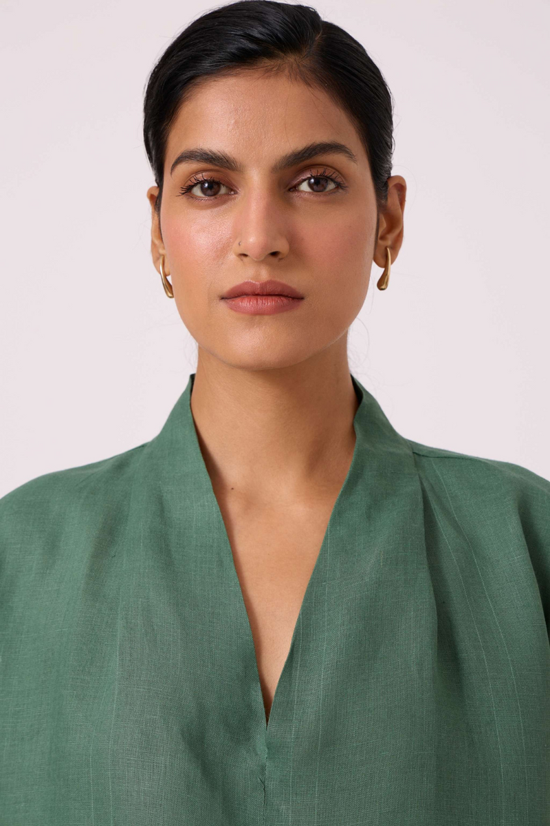 Orion Green Linen Top by The Summer House in green color for women Worldwide