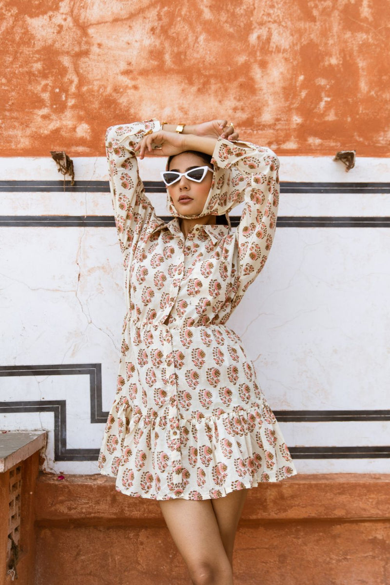 Peach Bon Bon Dress - Printed Cotton Mini Shirt Dress cotton Dress by Marche in white color for women Worldwide