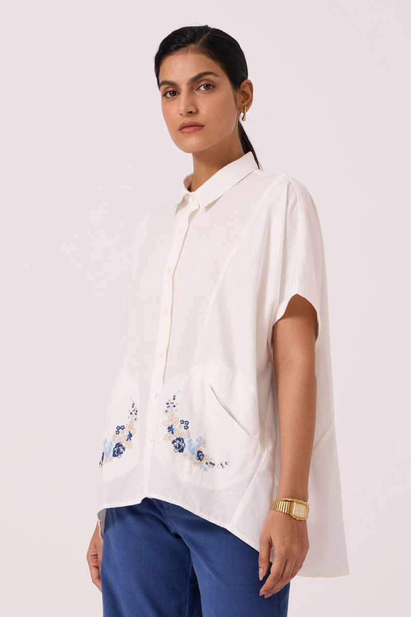 Sibyl Handwoven Embrodiered Shirt cotton by The Summer House in beige color for women Worldwide