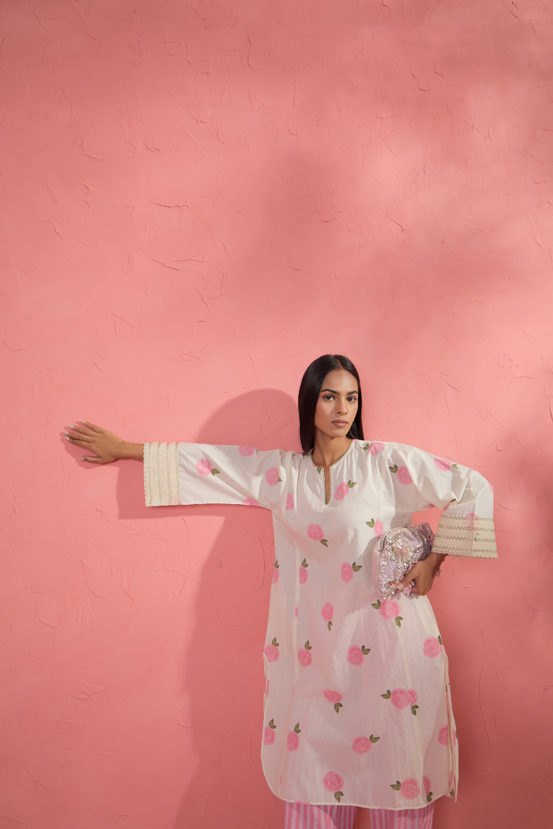 Gul Rose Set 3 cotton cambric light kurta set by AAVIDI in off white for women Worldwide