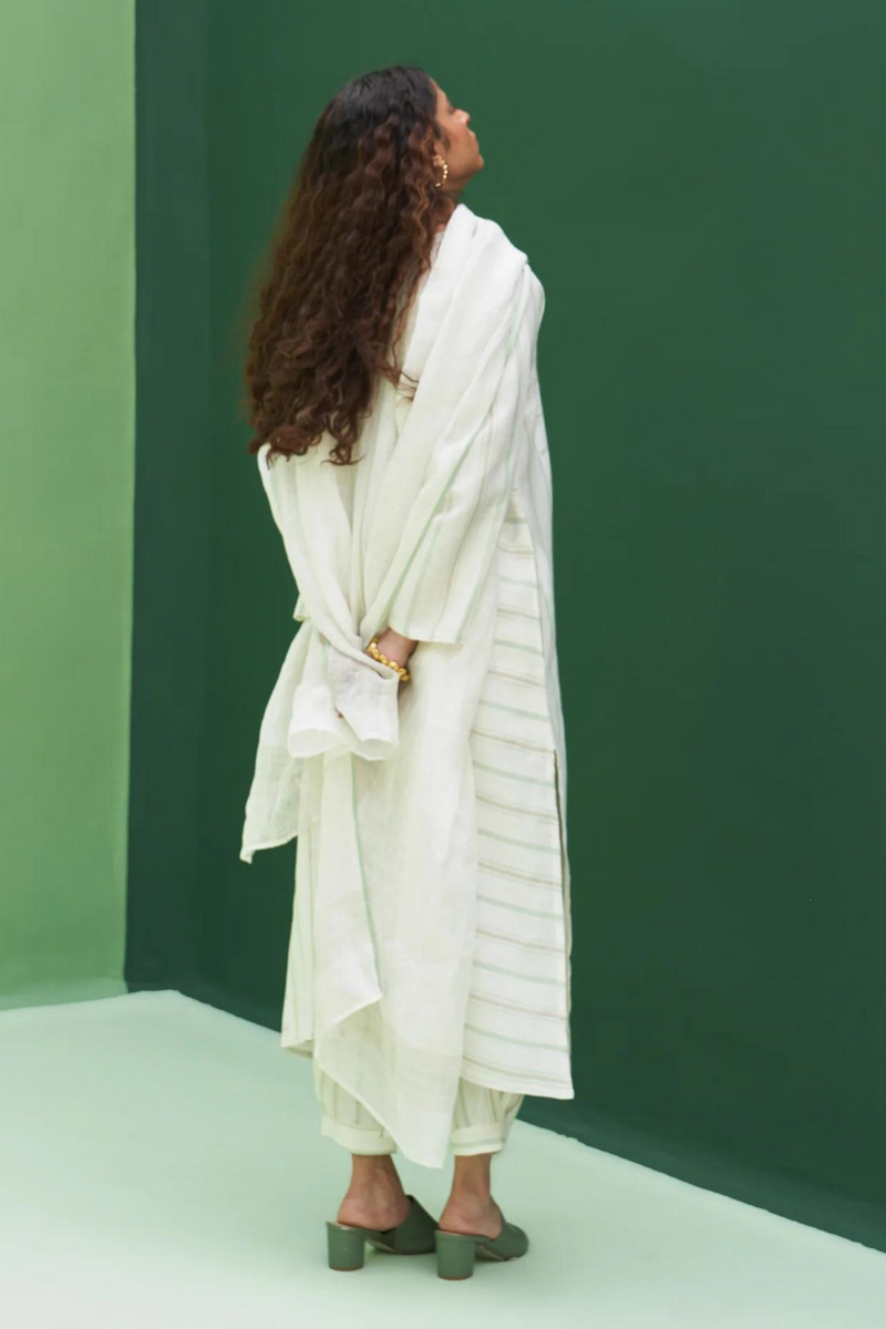 Ezra Striped Linen Kurta Set - Mint linen by Manan in mint color for women Worldwide