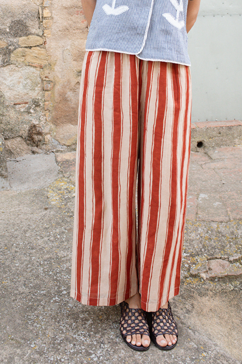 Zebra Stroll Pants-Red Stripes handwoven cotton pant/trouser by World of Crow in multicolor for women Worldwide