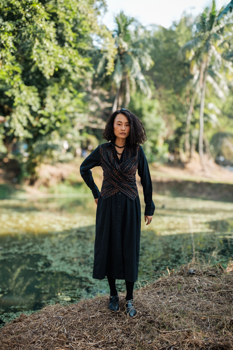 Upcycled Handwoven Seattle Wrap Calf Dress - Black Copper cotton by The Terra Tribe in black color for women Worldwide