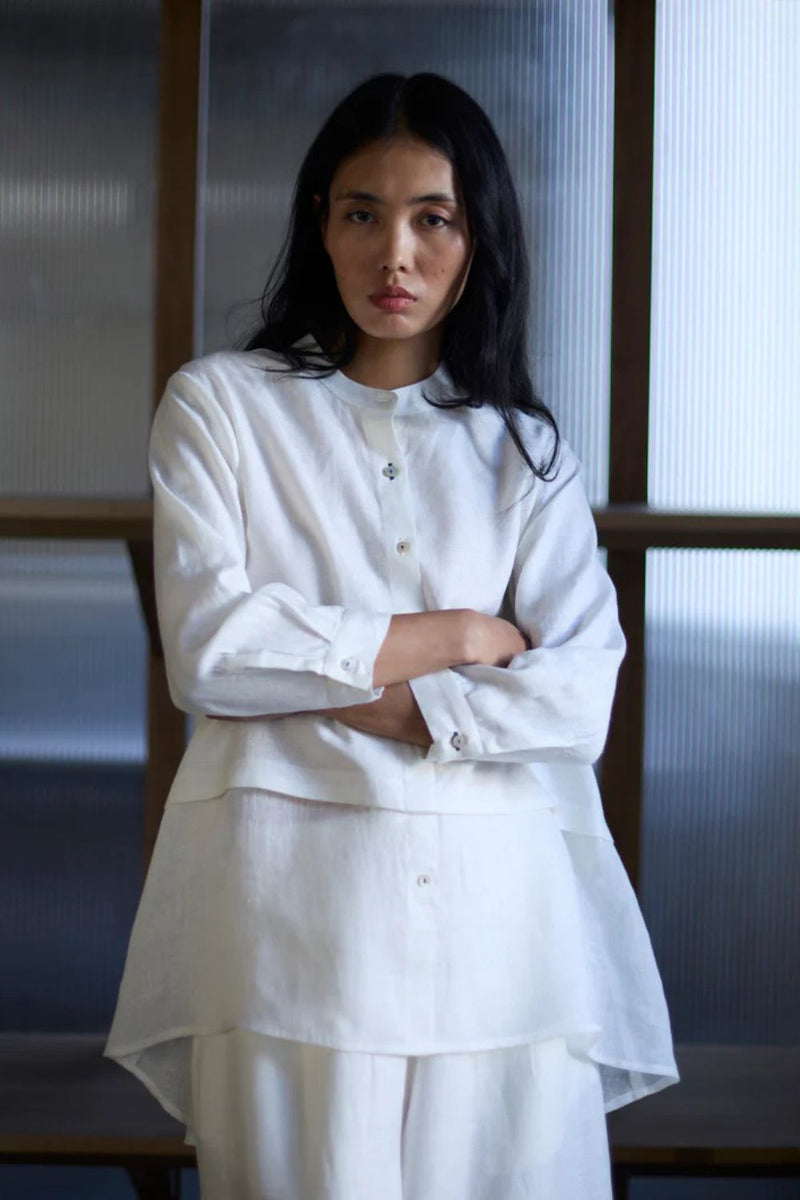 Anaya Linen A-Line Shirt - Ivory linen by Manan in white color for women Worldwide