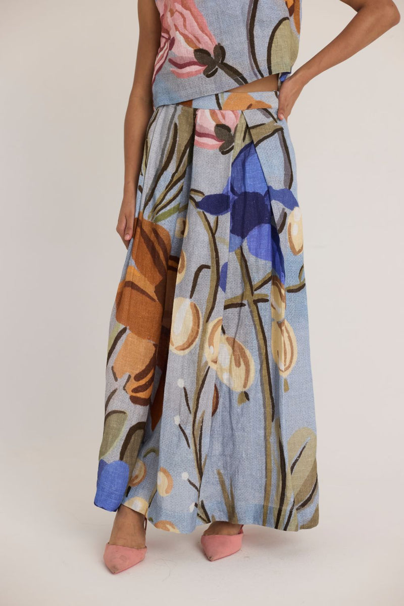 NICO LINEN TOP & SKIRT SET by Yam in blue color for women Worldwide