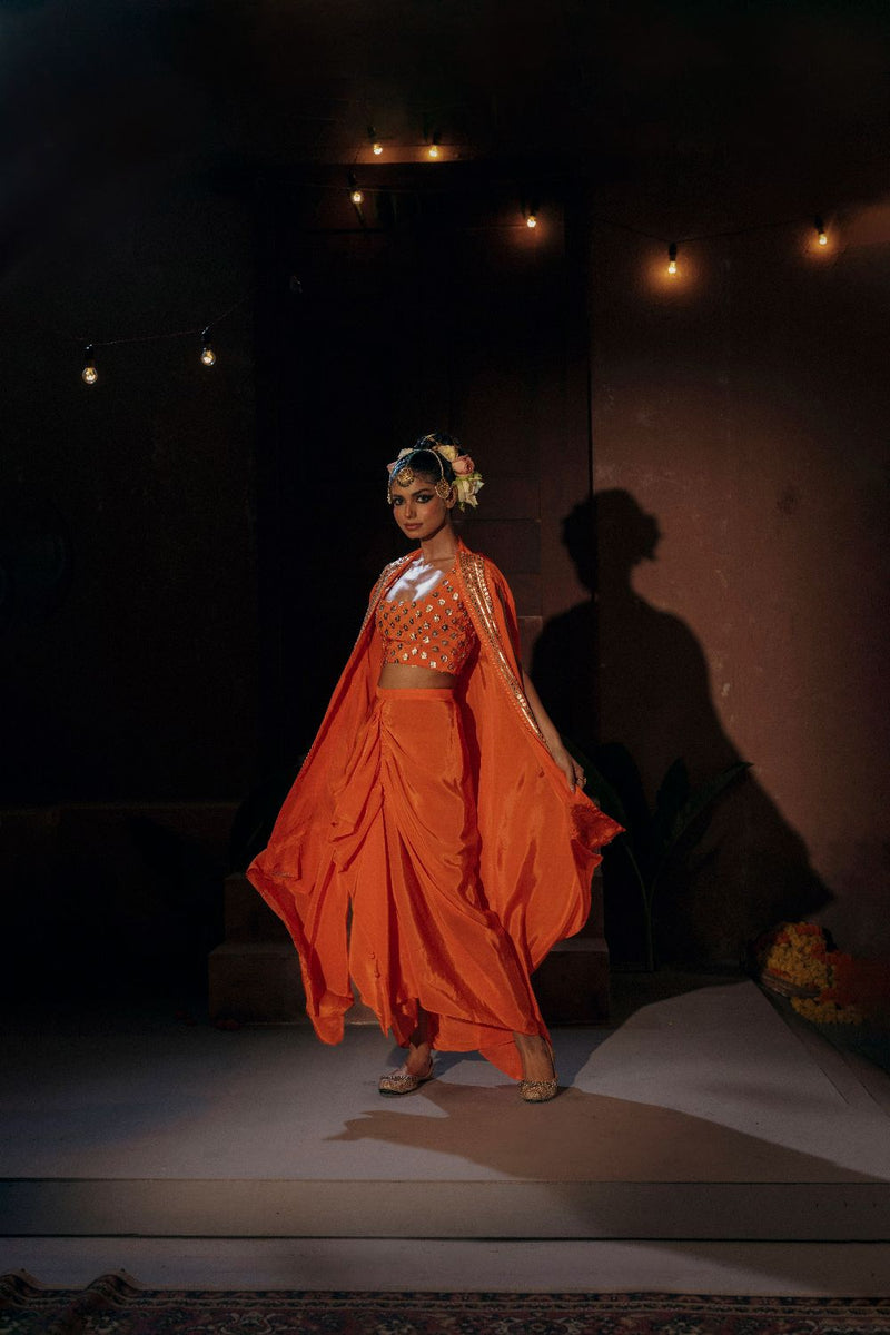 Mangala Blouse Skirt & Cape Set- Orange silk by PRAHNAAYA in orange color for women Worldwide