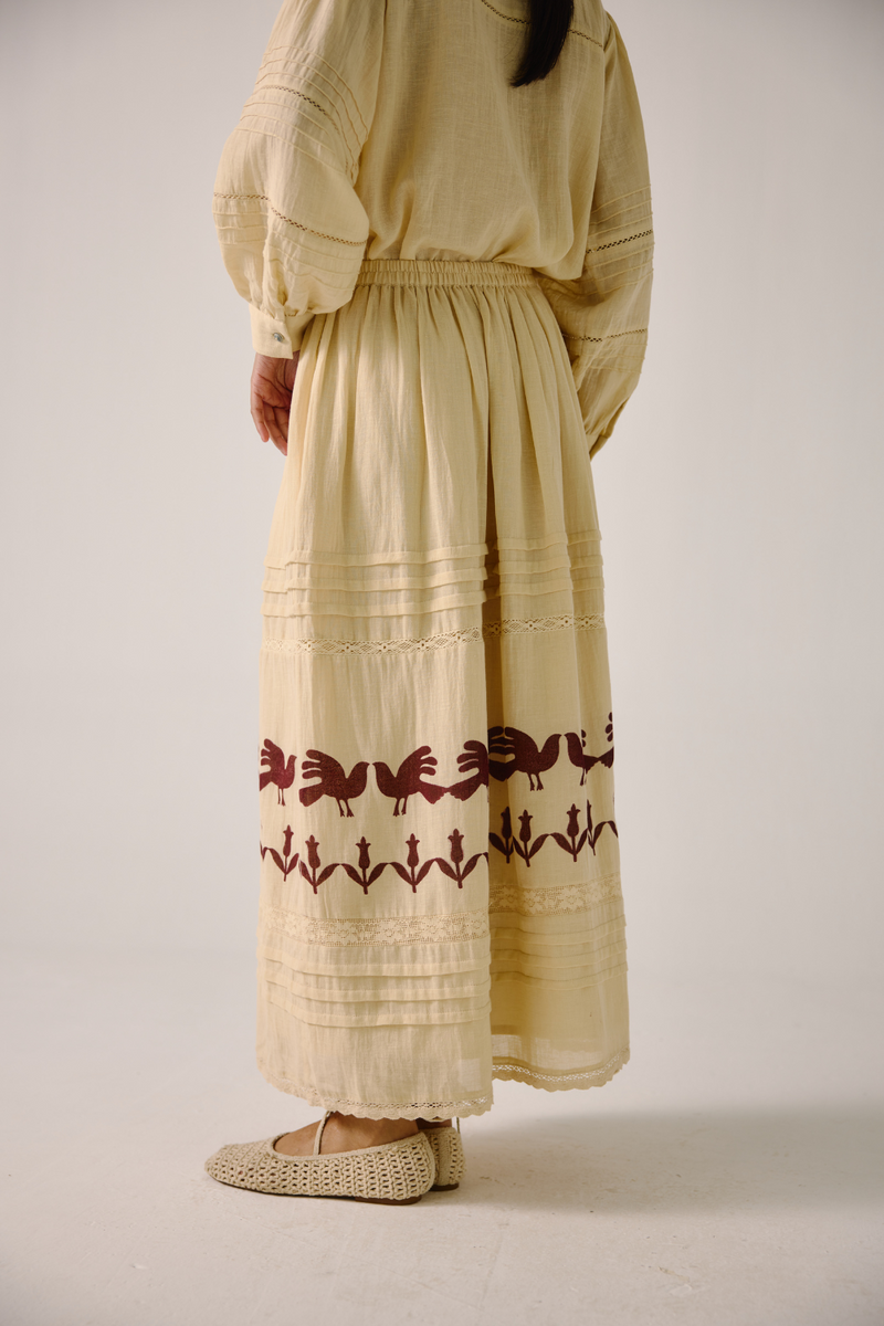 Emily Skirt - Ivory Block Print cotton by CORD in ivory for women Worldwide