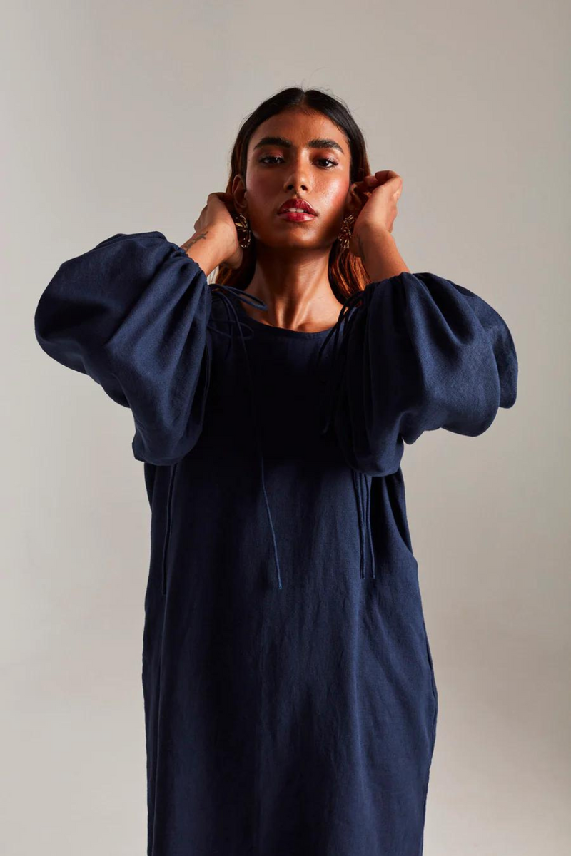 Navy Co-Linen Balloon Sleeves Dress cotton by Saphed in navy color for women Worldwide