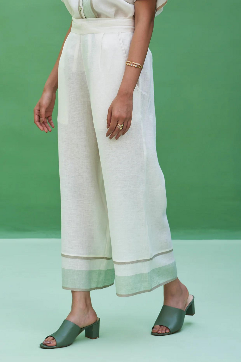 Mara Border Linen Pant
 - Ivory linen by Manan in ivory color for women Worldwide