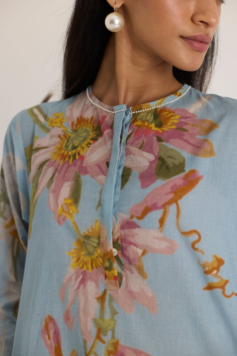 TAFFY LONG COTTON KURTA SET cotton by Yam in blue color for women Worldwide