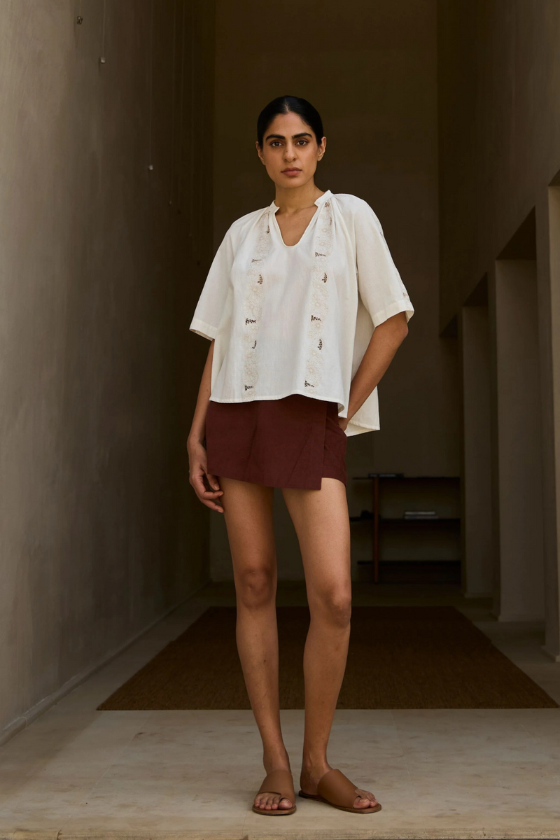 Bheer Handwoven Embroidered Top cotton by The Summer House in white color for women Worldwide