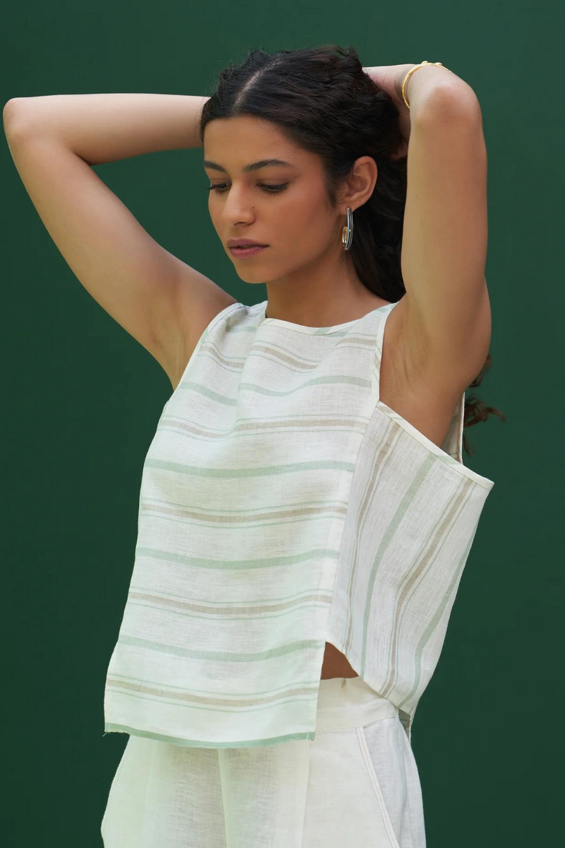 Jiho Striped Linen Crop Top
 - Mint linen by Manan in mint color for women Worldwide