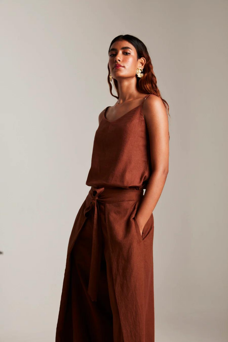 Mocha Co-Linen Camisole Top cotton by Saphed in brown color for women Worldwide