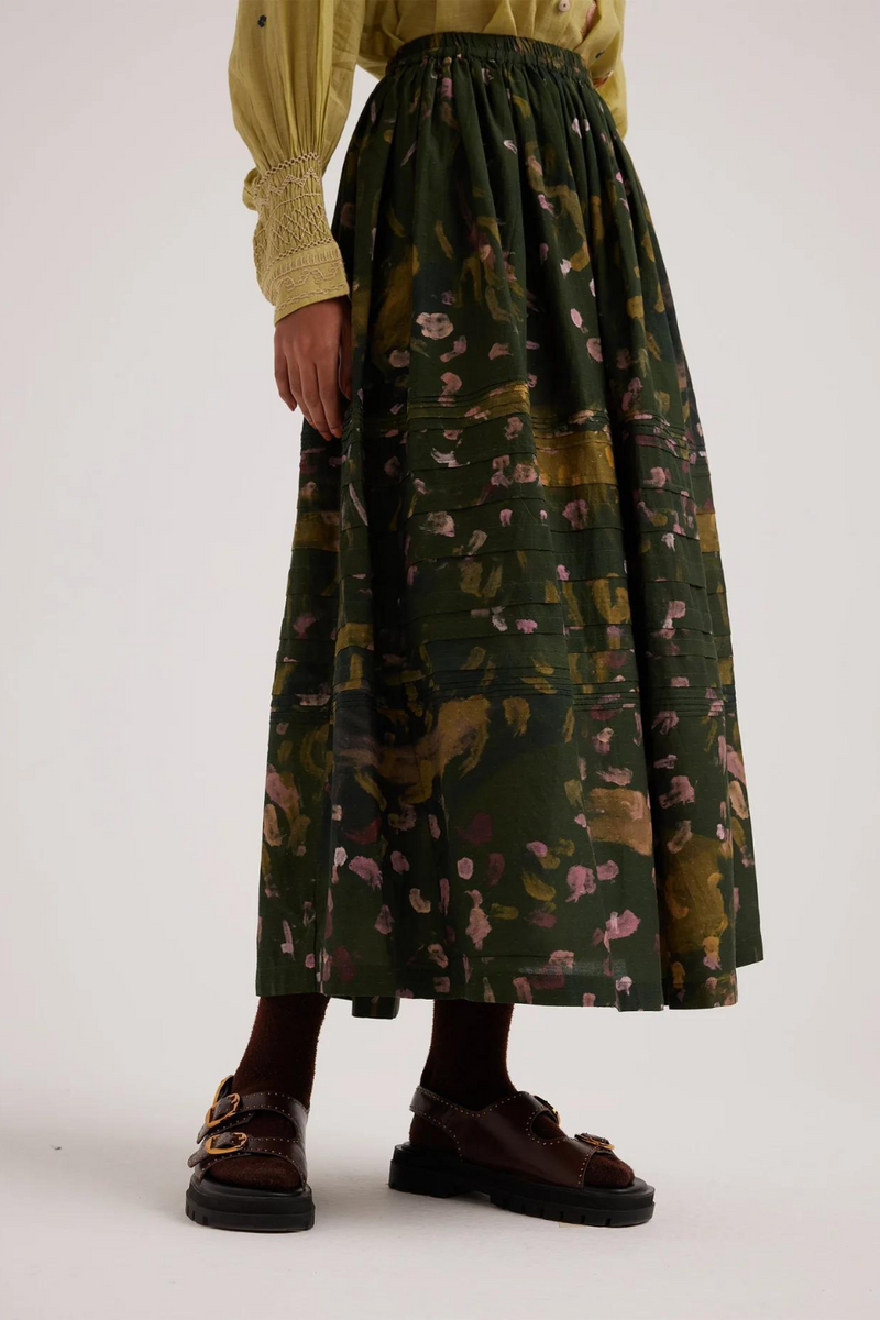 Pintuck Skirt-Green Strokes cotton by CORD for women Worldwide