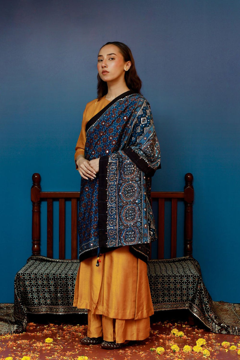 Dushala Blue Ajrakh Reversible Wrap satin by PRAHNAAYA in blue color for women Worldwide
