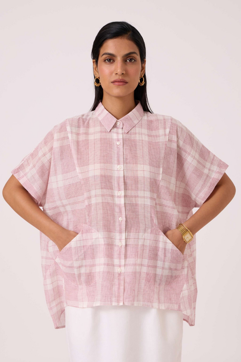 Sibyl Checkered Handwoven Shirt cotton by The Summer House in red color for women Worldwide