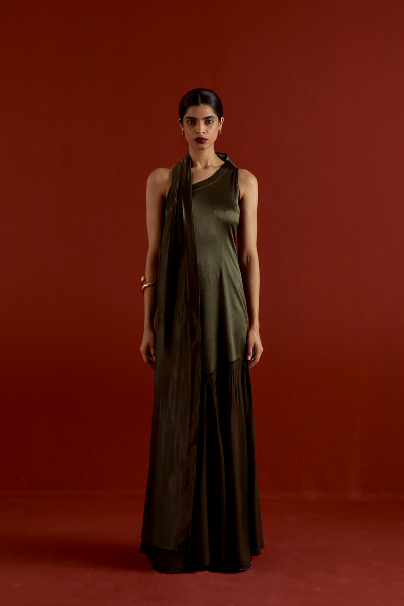 ONE SHOULDER DRESS-DARK OLIVE satin by THREE in olive color for women Worldwide