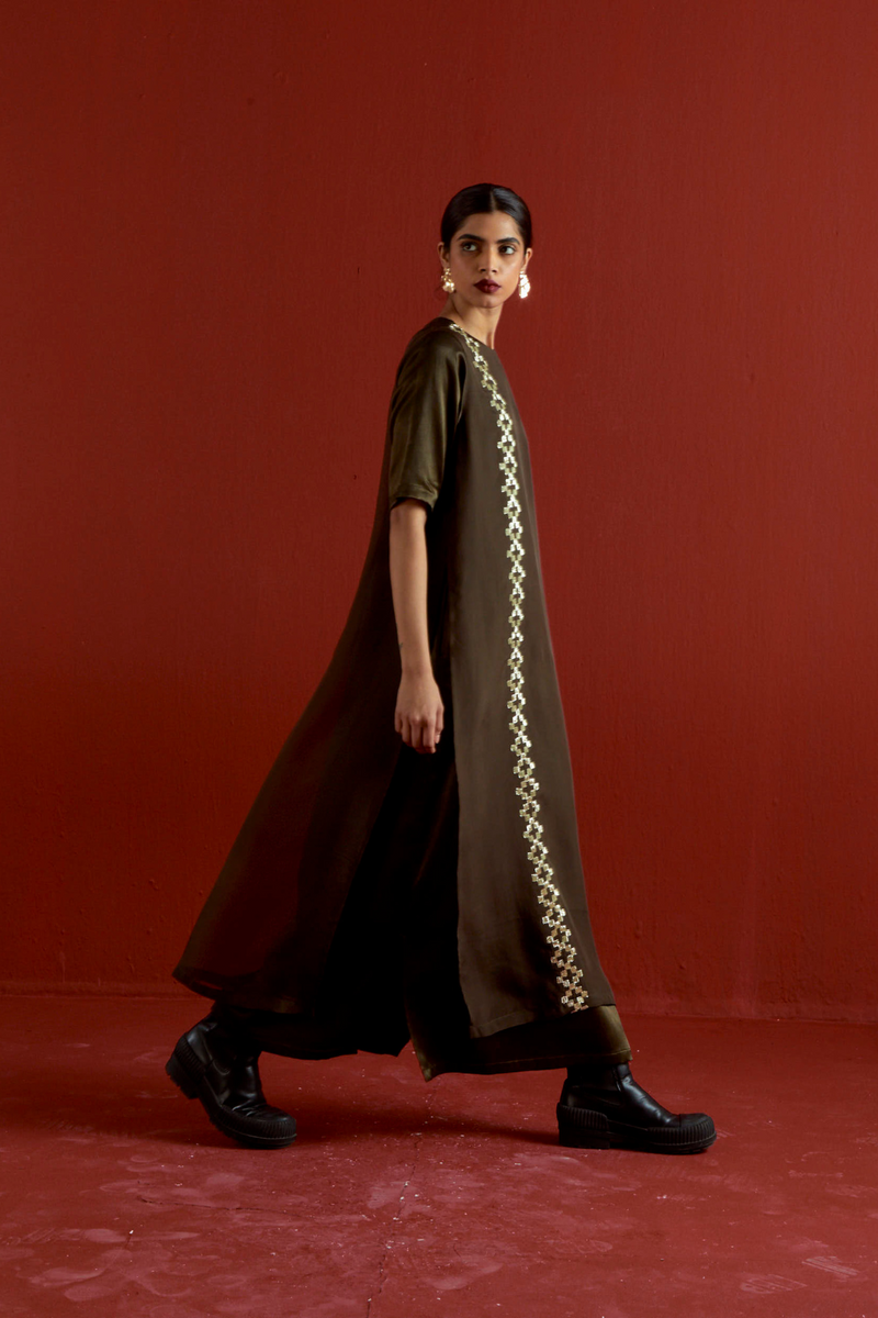 GOTA PATTI DETAIL DOUBLE LAYER DRESS-DARK OLIVE satin by THREE in olive color for women Worldwide