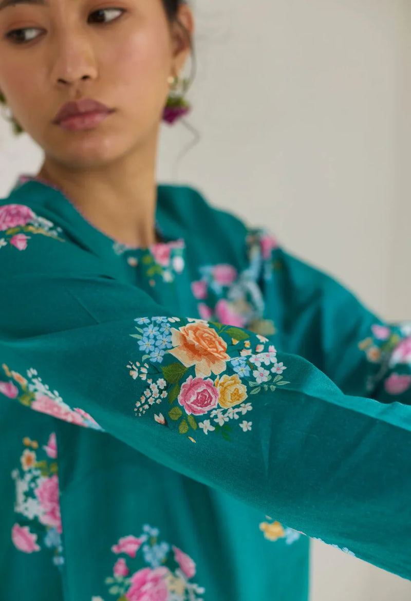 Sage Green Floral Bunch Mid Kurta Set cotton by Nadiya Paar in green color for women Worldwide
