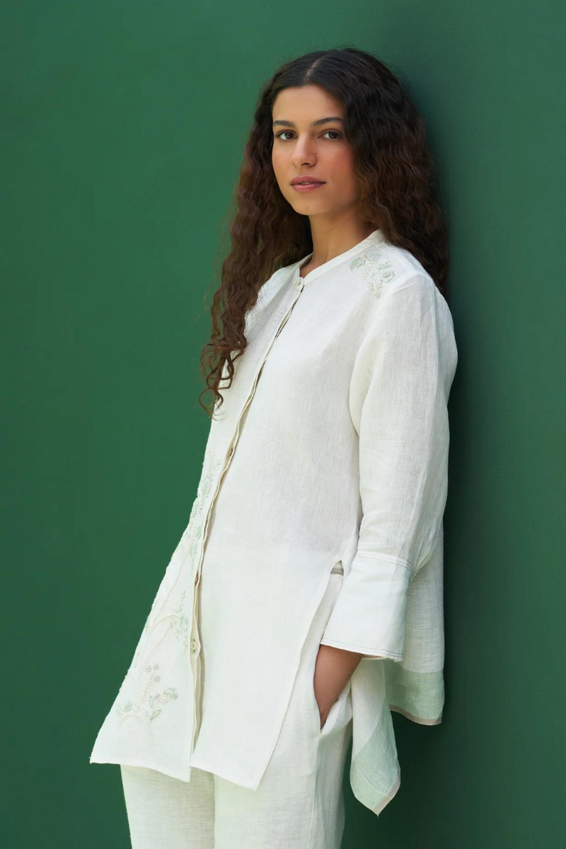 Noi Hand-Embroidered Linen Co-ord Set - Ivory linen by Manan in ivory color for women Worldwide