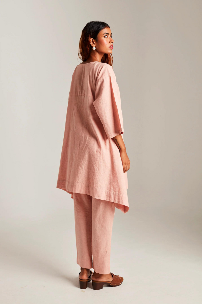 Rose Co-Linen High Low Kurta cotton by Saphed in peach color for women Worldwide