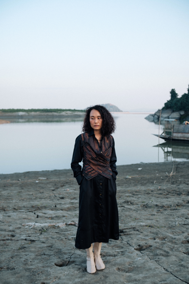 Upcycled Seattle Wrap Calf Dress - Black Copper cotton by The Terra Tribe in black color for women Worldwide