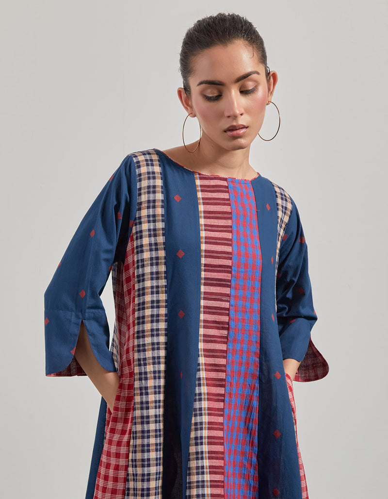 Deep Sea 16 Panelled Dress cotton,gamcha dress by 145 East in blue for women Worldwide