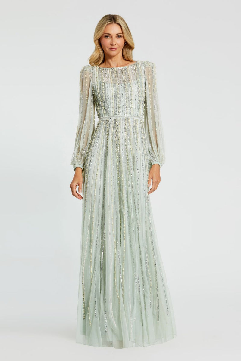 94081-Boat Neck Long Sleeve Gown With Striped Beading by Mac Duggal in green color for women Worldwide