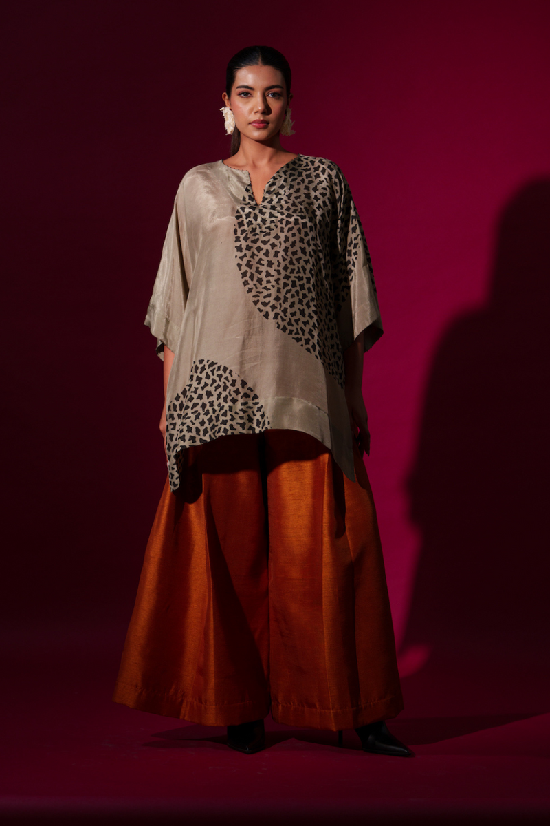 Beau Top-Grey + Black upada silk tops and shirts by Stoique in grey, black for women Worldwide