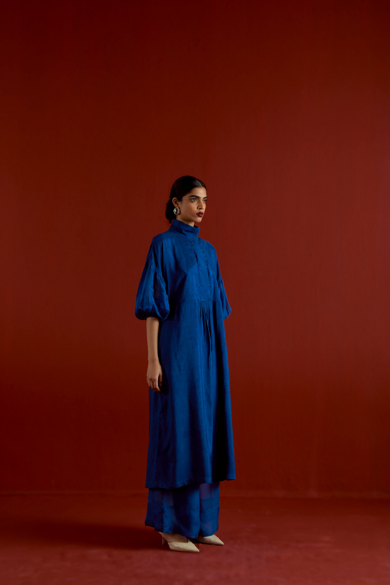 TURTLE NECK TUNIC CO-ORD-ELECTRIC BLUE silk by THREE in blue color for women Worldwide