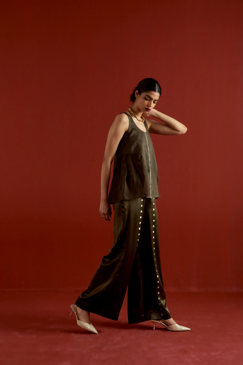 SIDE U-GATHER TOP CO-ORD-DARK OLIVE organza by THREE in olive color for women Worldwide