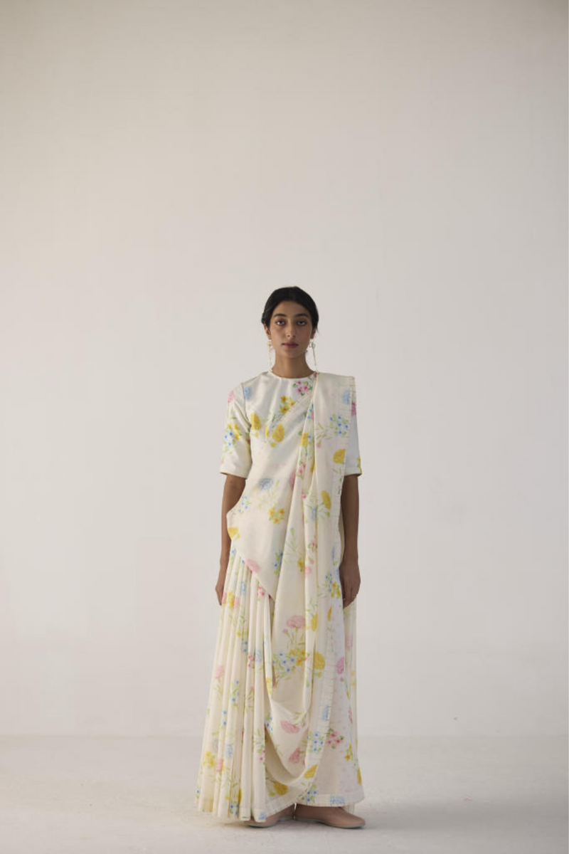 Marigolds Silk and Cotton Chanderi Sari silk by Nadiya Paar in white color for women Worldwide