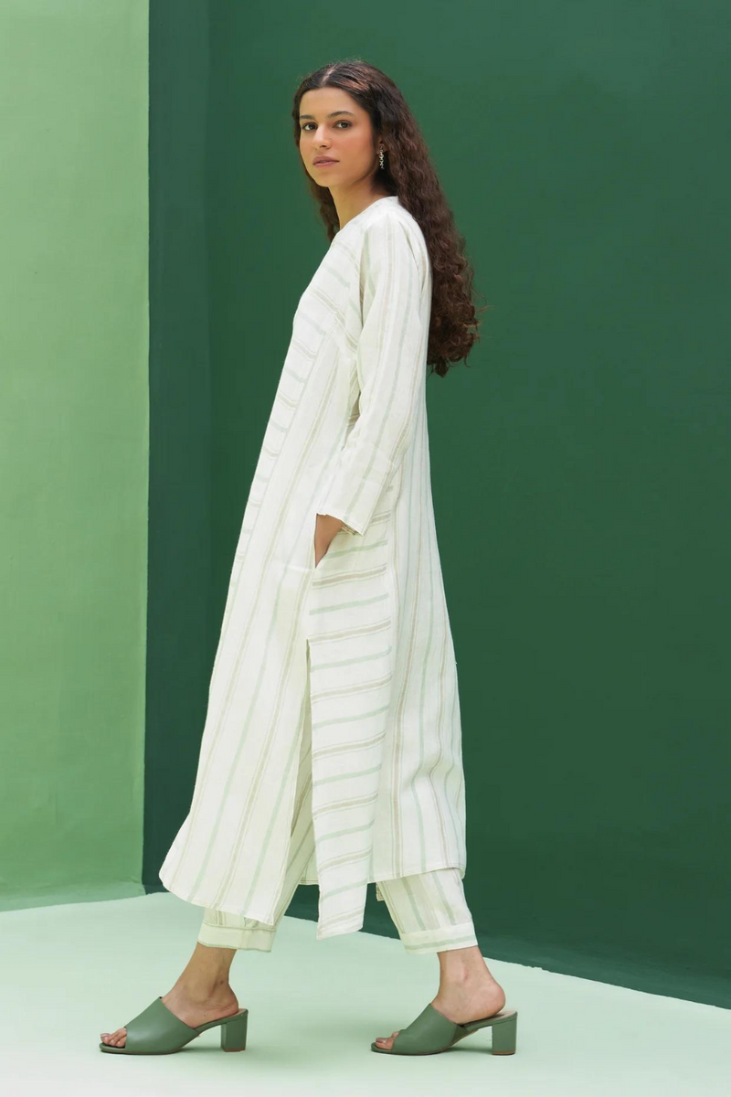 Ezra Striped Linen Kurta - Mint linen by Manan in mint color for women Worldwide