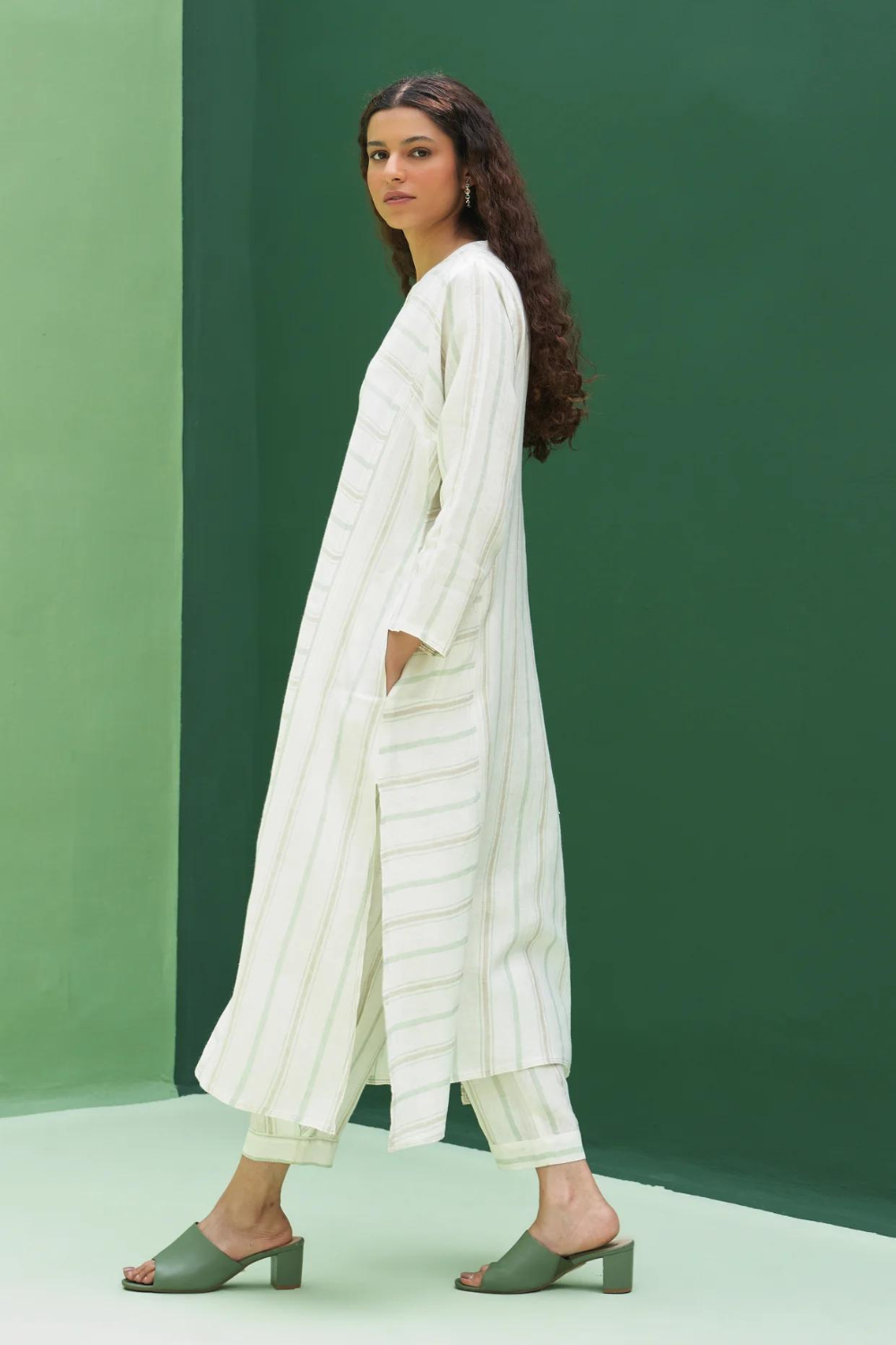 Ezra Striped Linen Kurta - Mint