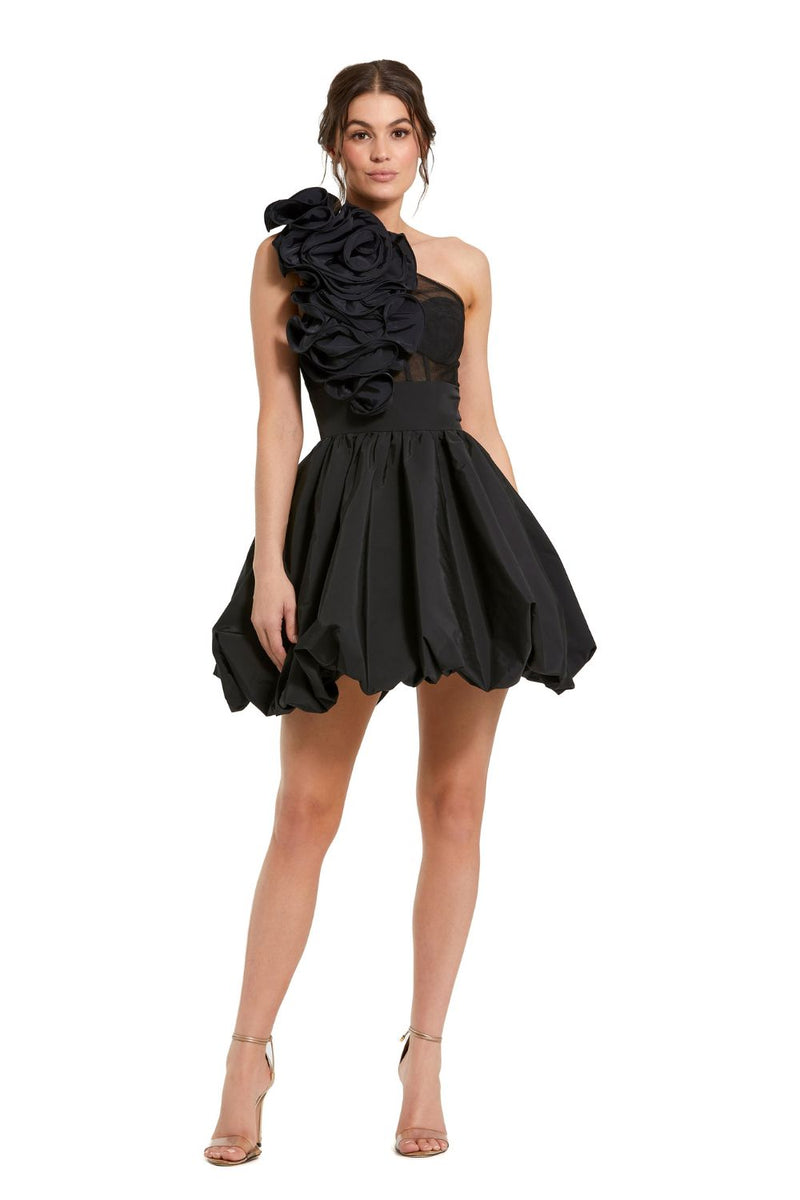 49858-Taffeta One Shoulder Ruffle Bubble Mini Dress by Mac Duggal in black color for women Worldwide