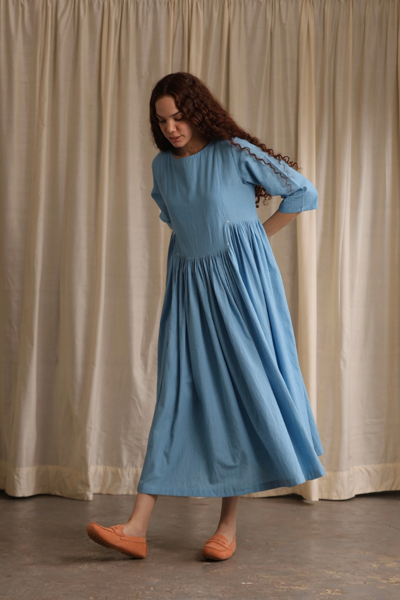Bonnie Dress - Cornflower cotton by MASON AND MILL in blue color for women Worldwide