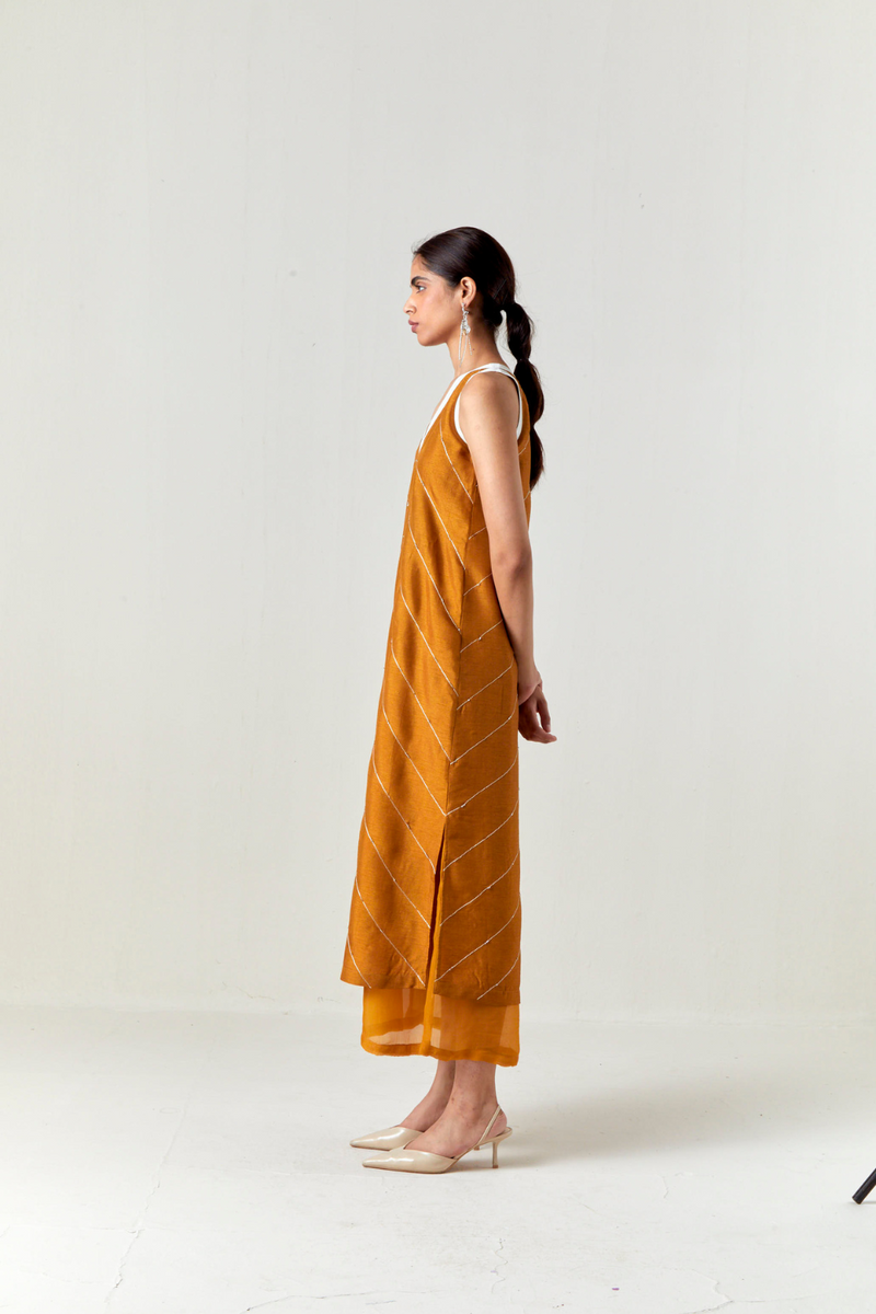 V-NECK EMBELLISHMENT DETAIL DRESS-OCHRE silk by THREE for women Worldwide