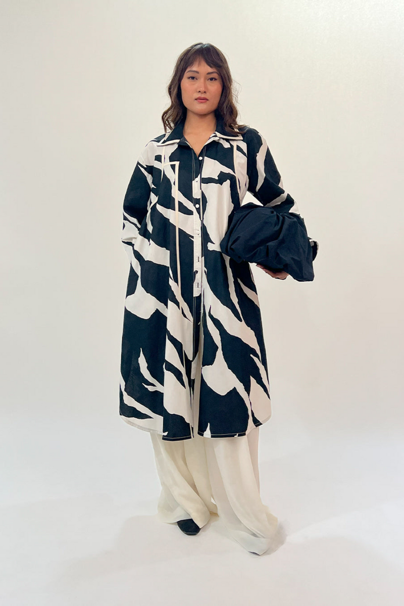 Line shirt dress-Black & White 100% cotton by Leh Studios in black color for women Worldwide