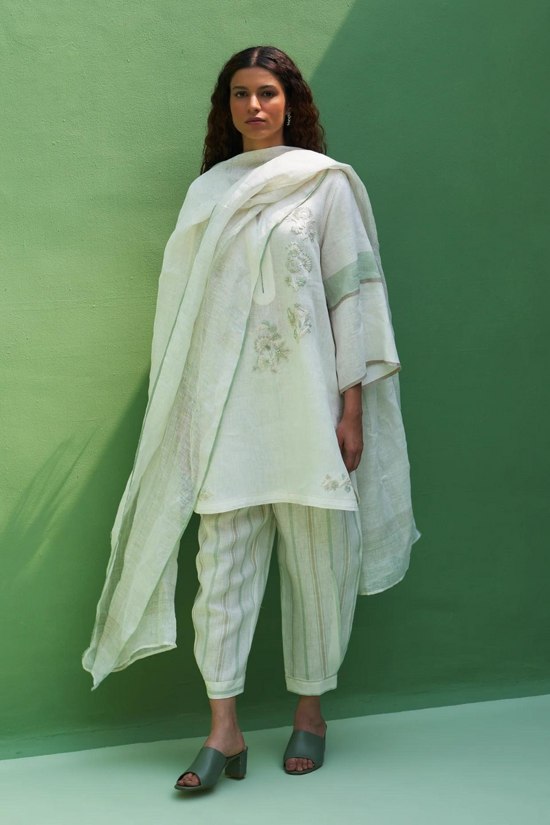 Insha Hand-Embroidered Kurta Set
 - Ivory linen by Manan in ivory color for women Worldwide