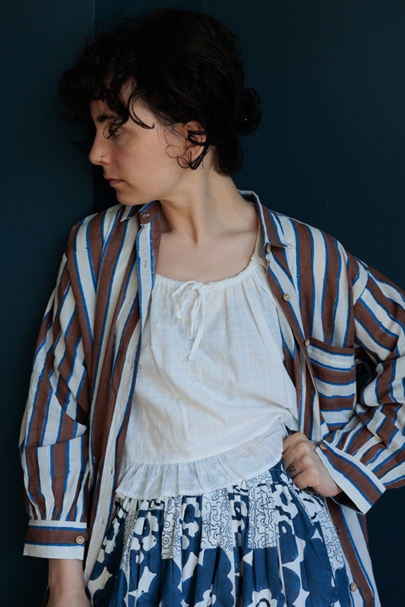 Artist Smock-Brown stripes handwoven cotton top/shirt by World of Crow in multicolor for women Worldwide