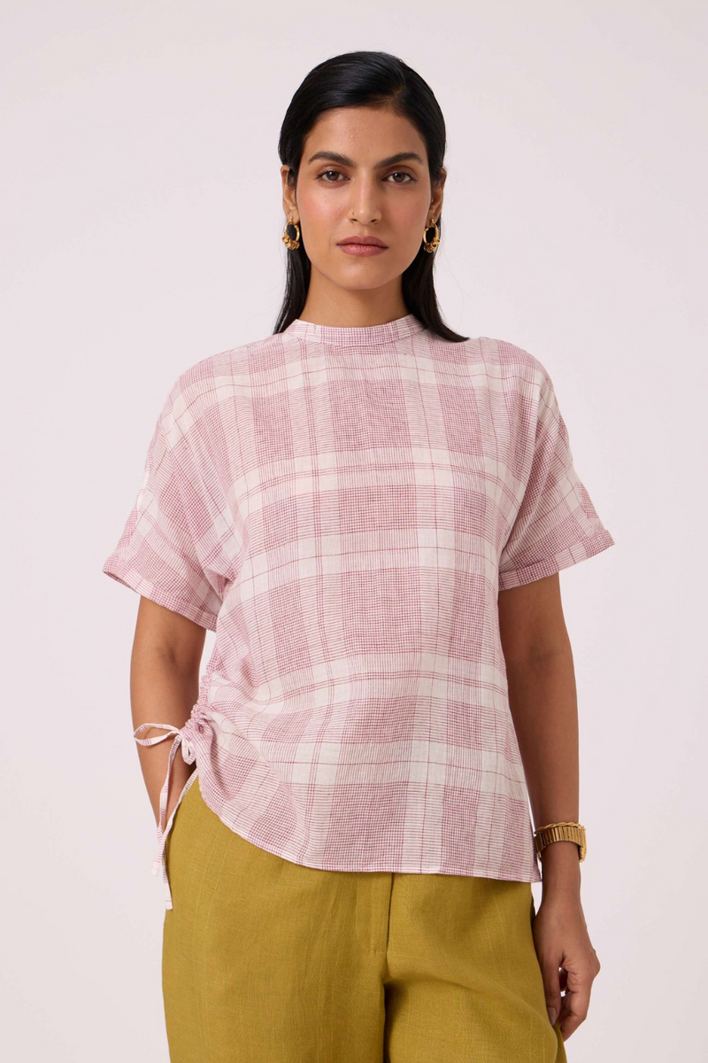 Ursula Checkered Handwoven Top cotton by The Summer House in red color for women Worldwide