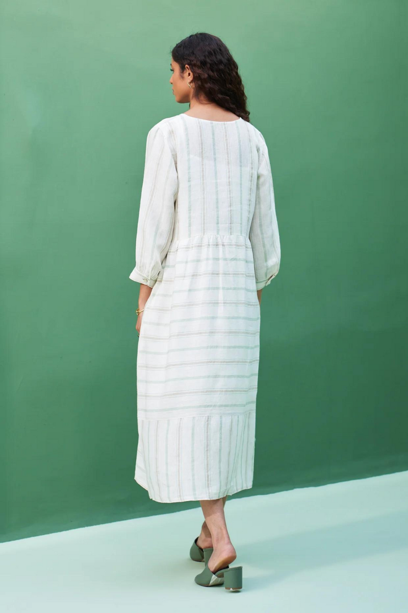 Kwan Striped Linen Dress
 - Mint linen by Manan in mint color for women Worldwide