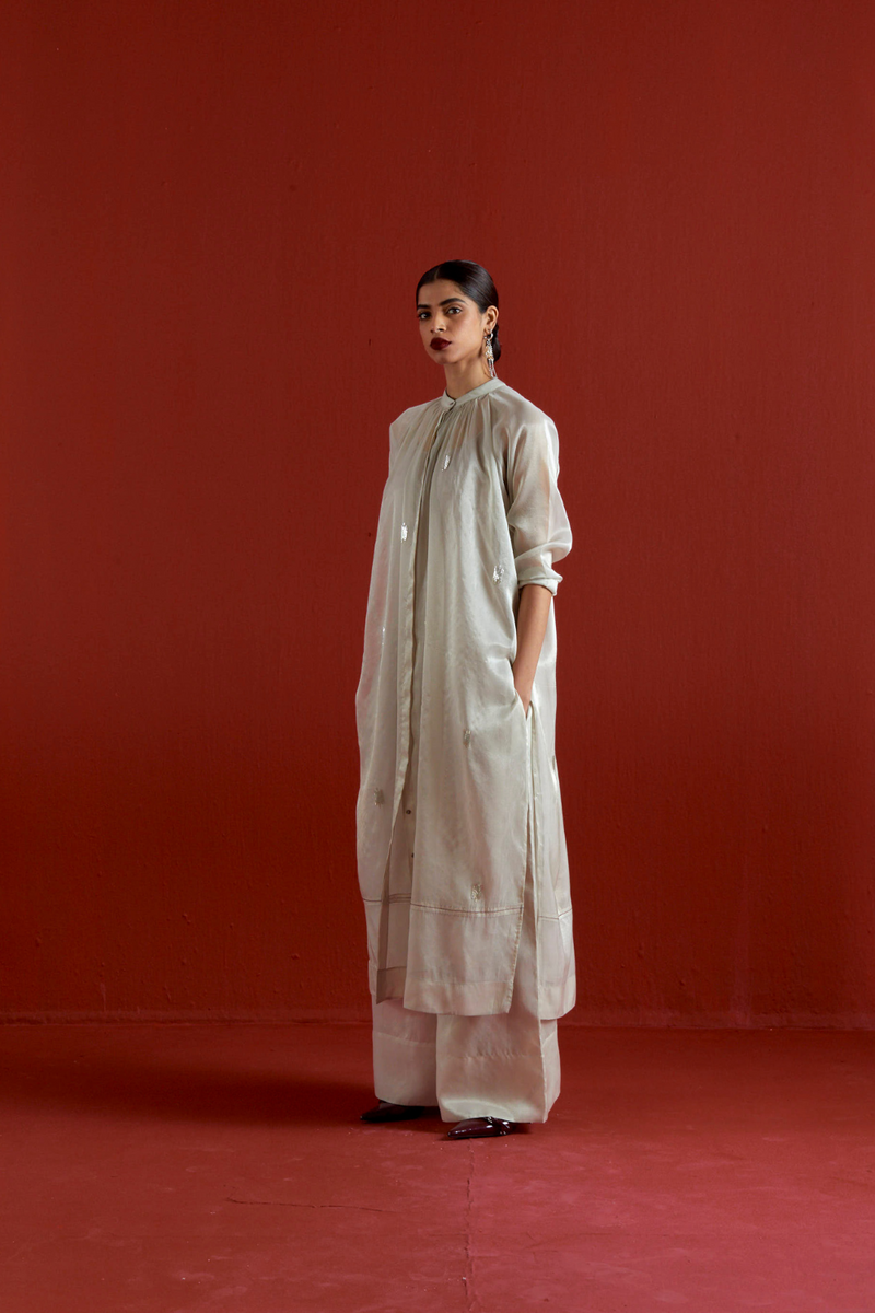 EMB. GATHER NECK SHIRT CO-ORD-METALLIC GREY tissue by THREE in grey color for women Worldwide