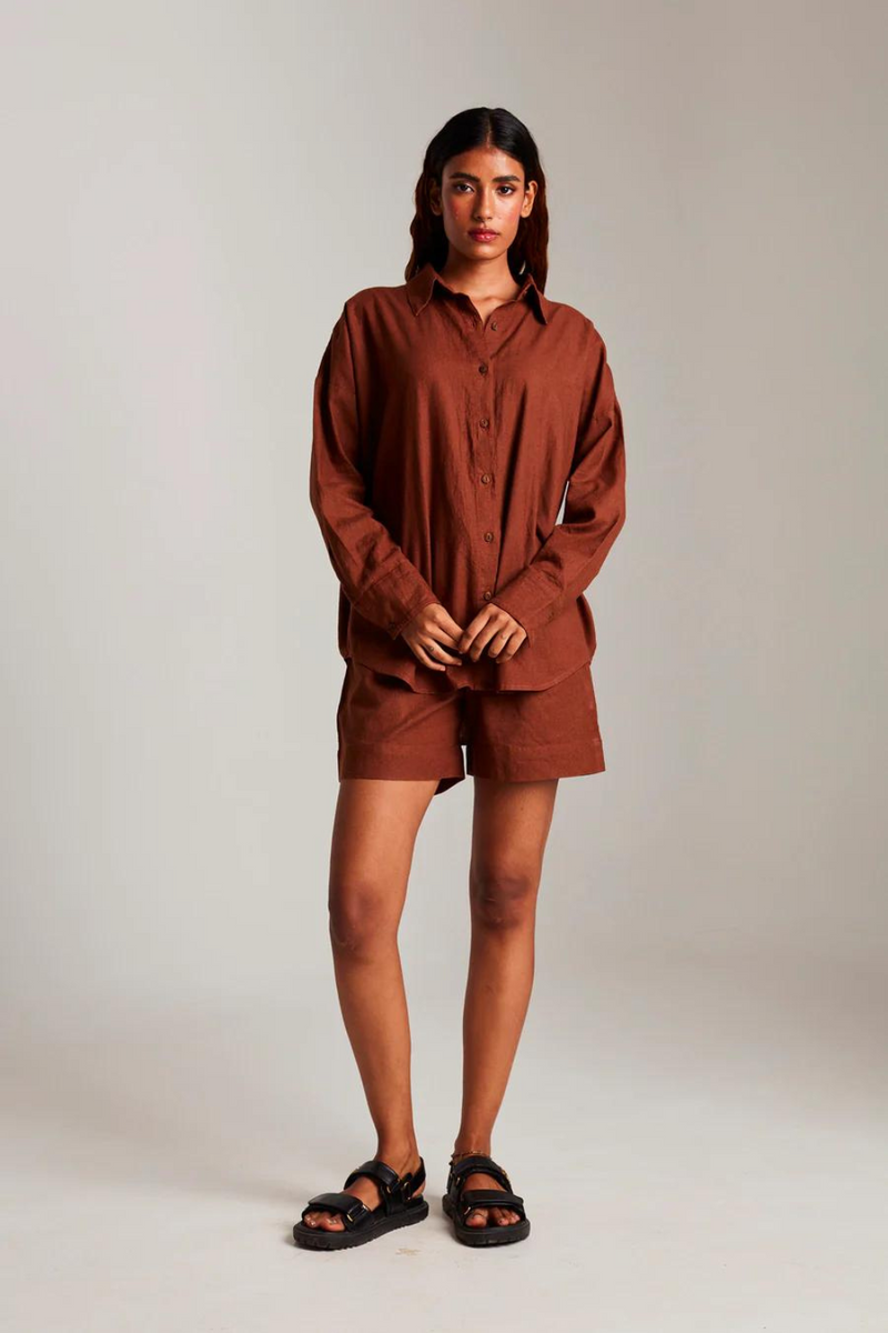 Mocha Co-Linen Classic Shirt set cotton by Saphed in brown color for women Worldwide