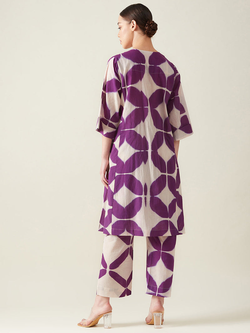 Purple Clamp Dye Embroidered Co ord set cotton Artisan made - Block Printed by Aavidi for women Worldwide