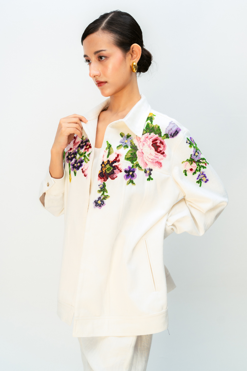 TINTS OF YOU JACKET handwoven denim jacket/overlay by Ode to Odd in off white for women Worldwide