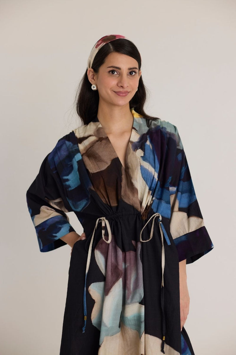 ROCCO DRAWSTRING KAFTAN DRESS poplin by Yam in black color for women Worldwide