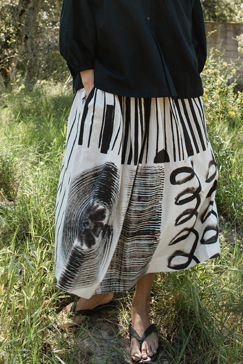 The Joy Skirt-Painted Black handwoven cotton skirt by World of Crow in black motif for women Worldwide