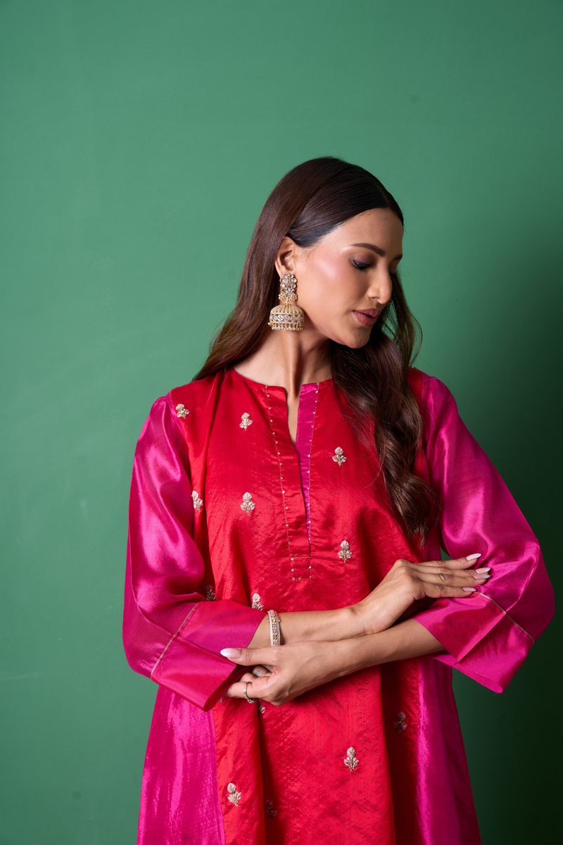 Delight Kurta Set - Red silk by Priti Prashant in red color for women Worldwide